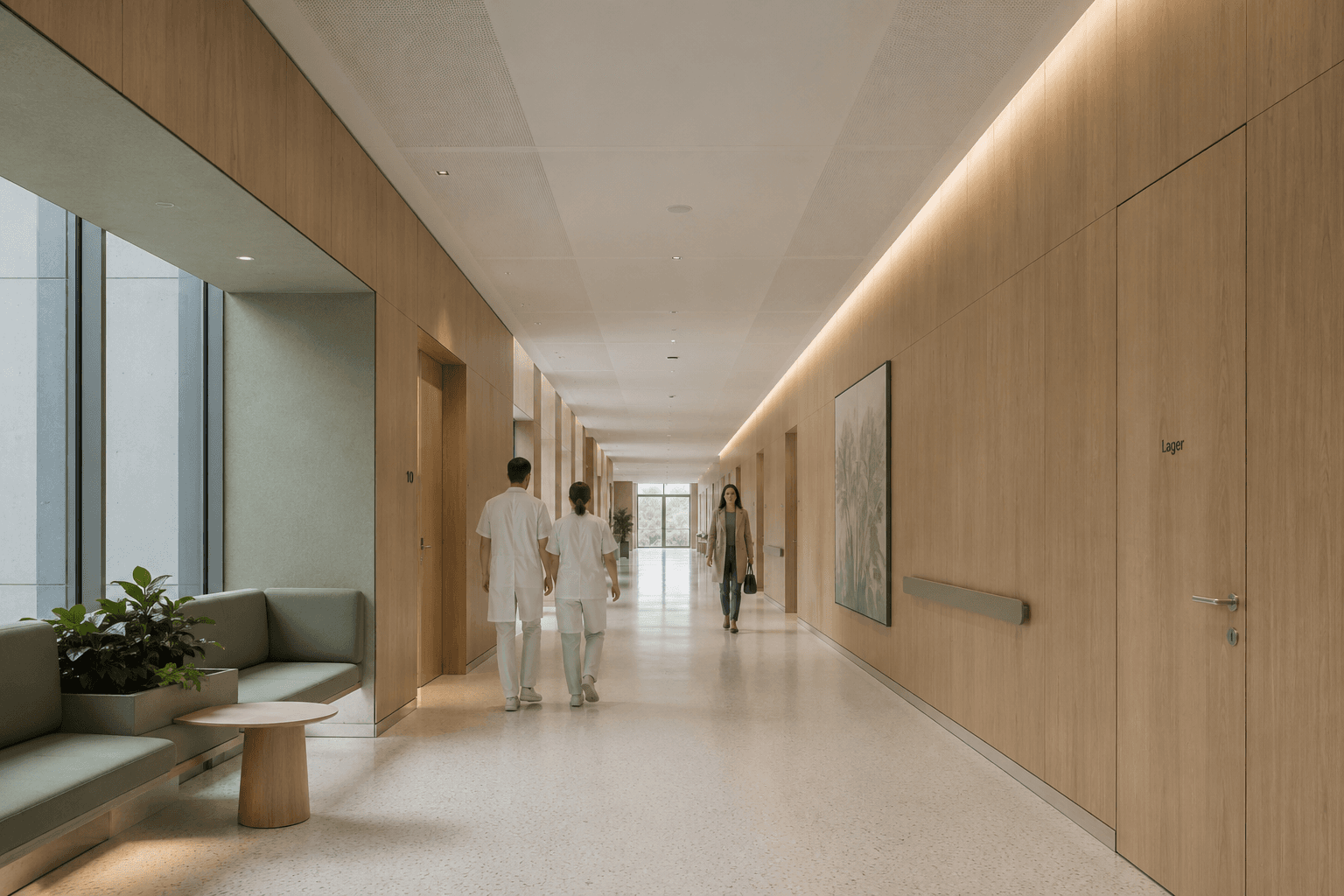 Hospital corridor requiring fire-rated compartmentation