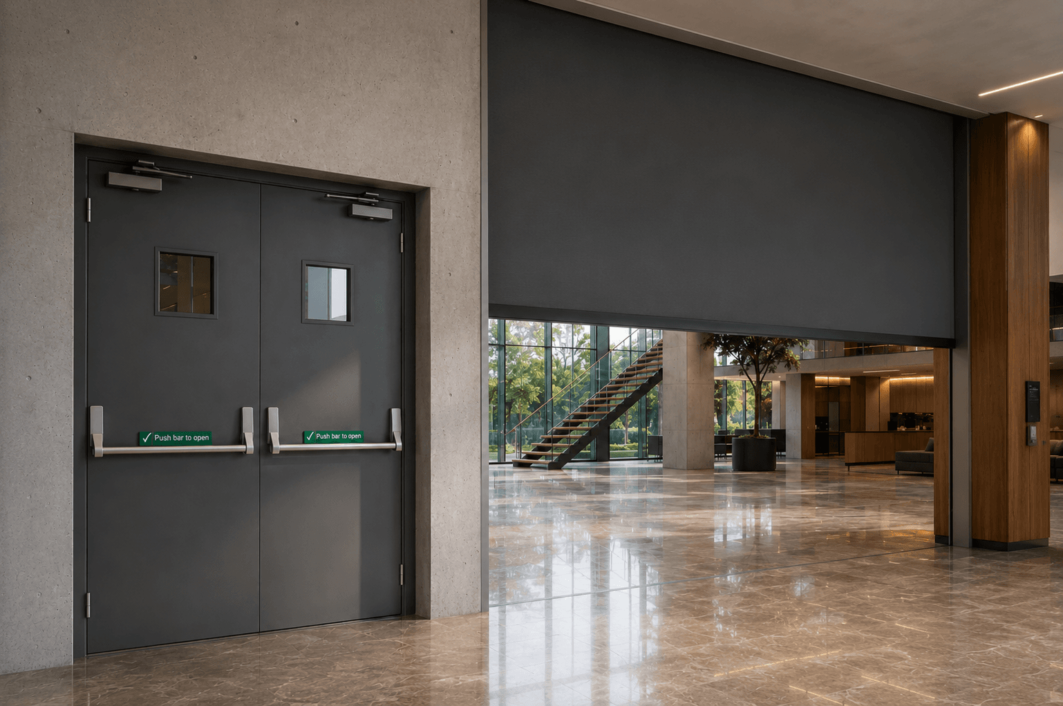 BÖLDT fire door and fire curtain in a commercial lobby
